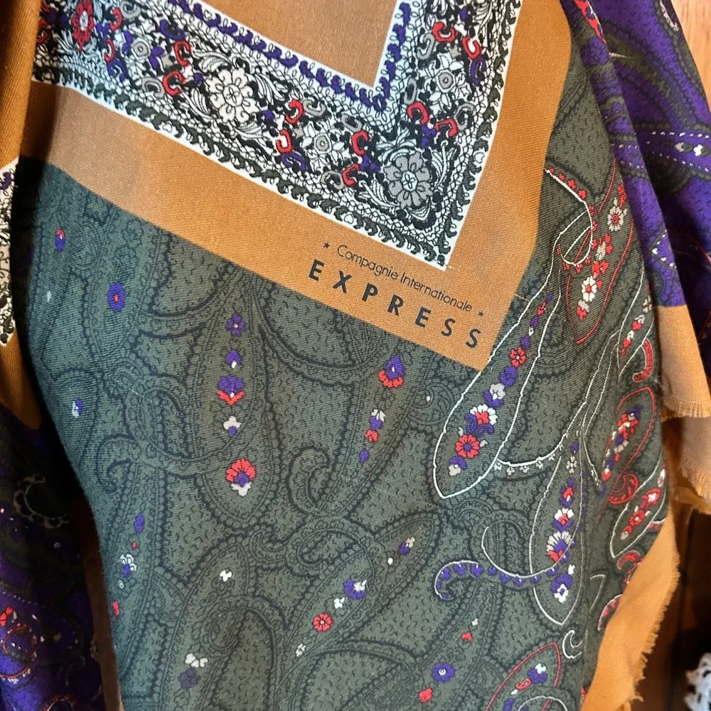 Vintage Express Square Scarf with Brown, Blue & Maroon Pattern‎